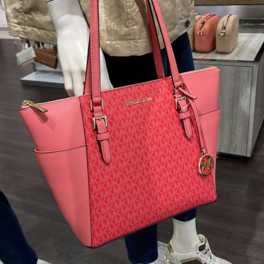 Michael Kors Charlotte Large Logo and Leather Top-Zip Tote Bag Coral Reef Multi - Picture 6 of 16